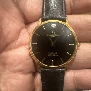 Works‎ Jacques Edho Paris Diamond Quartz Mens watch 18K Gold Plate Black Leather